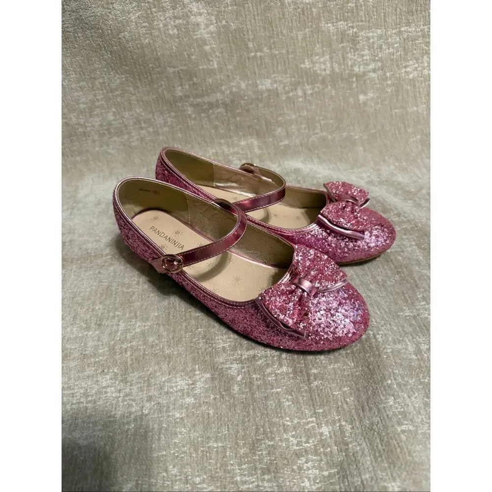 Pandaninja Girls Ruby Glittery Bow Block Heels Mary Jane Dress Shoes Pink Size 5